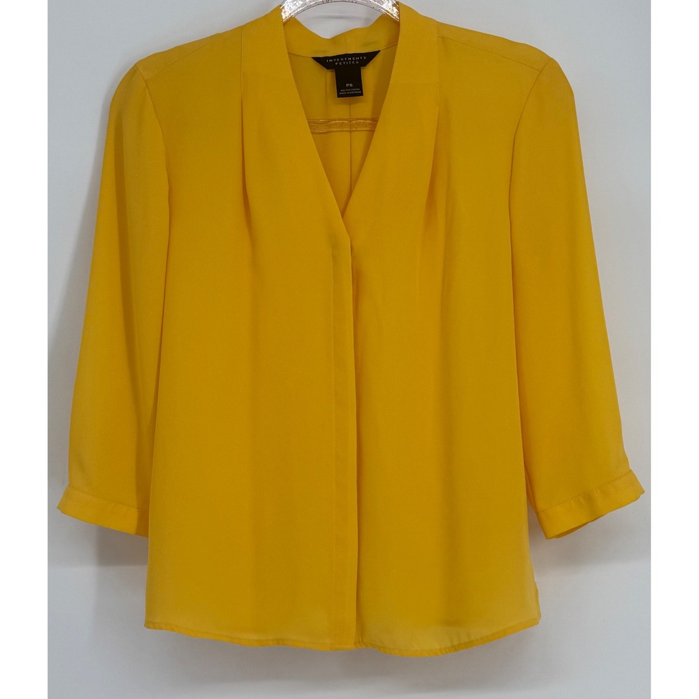 Investments‎ Petites Yellow V-Neck Pleated 3/4 Sleeve Blouse Top Business Sz SP